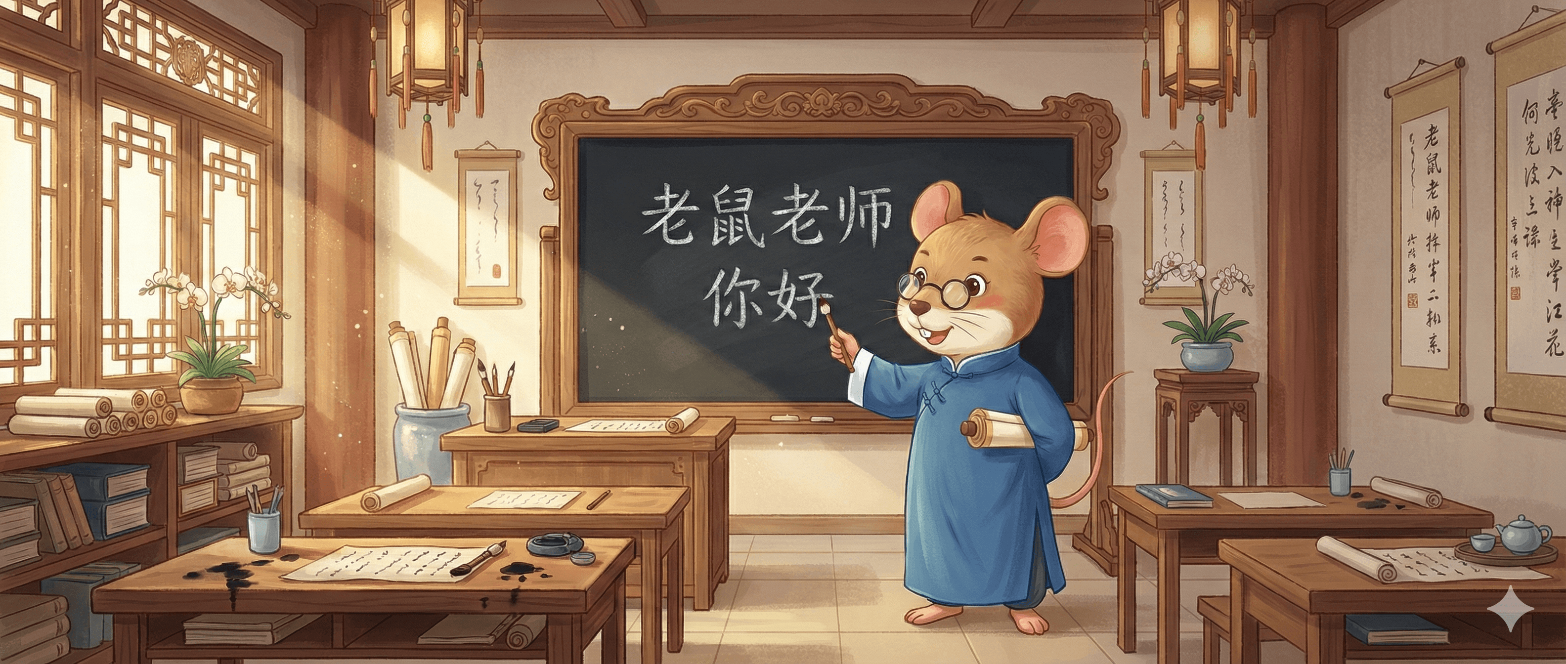 A friendly mouse teacher in a sunlit classroom, beside a board reading 老鼠老师 and 你好